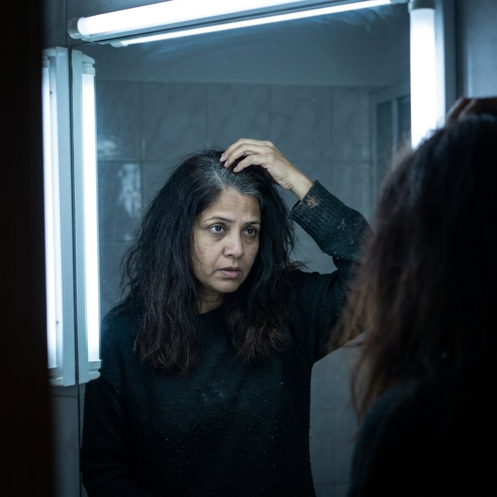 Woman looking at greying hair in a bathroom mirror