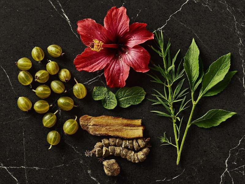 Amla, hibiscus and other Ayurvedic hair ingredients on dark stone