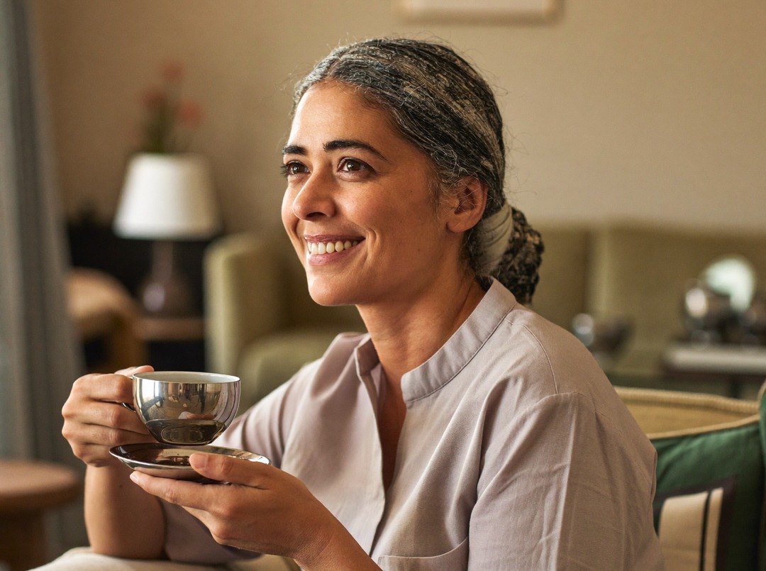 Smiling Indian woman with grey streaked hair holding a cup of tea at home