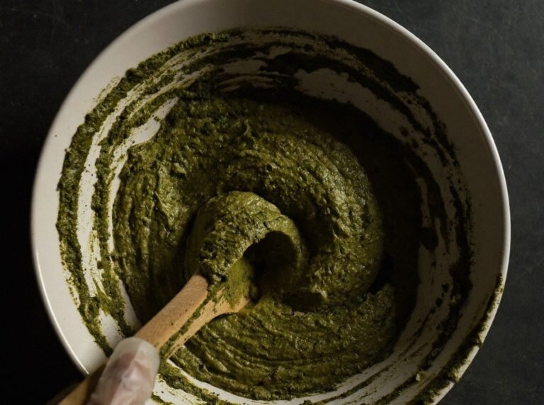 Green henna and indigo paste being stirred with a wooden spoon in a ceramic bowl